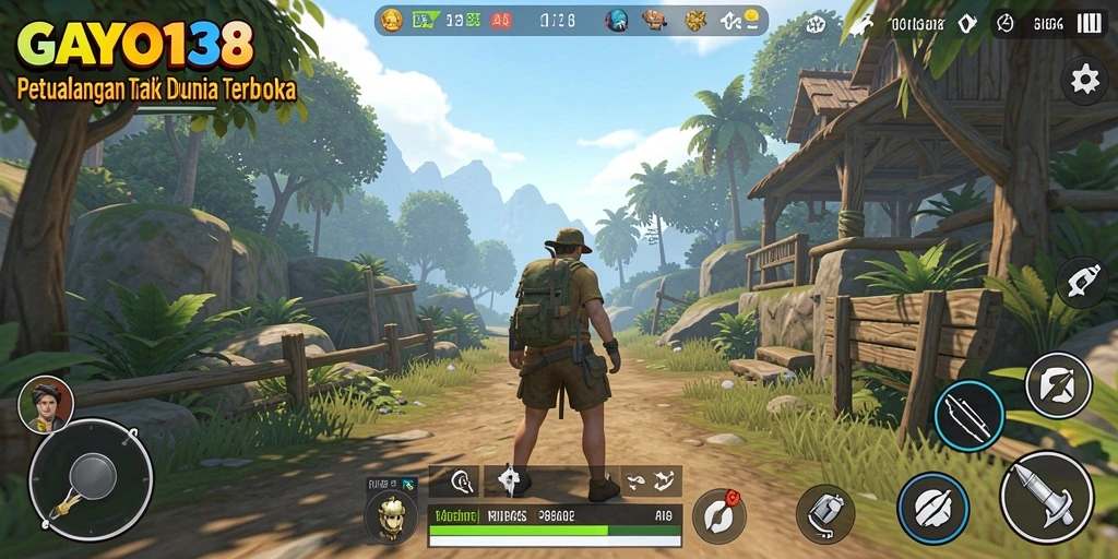 Screenshot gameplay GAYO138 menampilkan eksplorasi dunia terbuka yang luas.