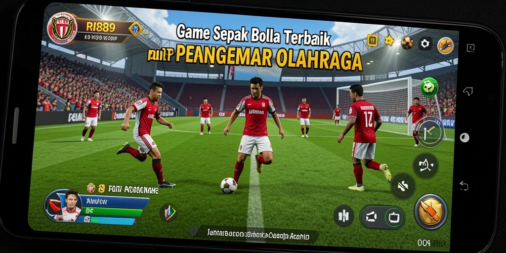 Screenshot utama menunjukkan aksi seru permainan sepak bola.