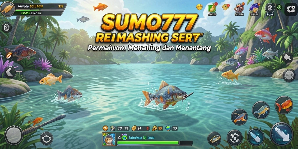 Tampilan gameplay SUMO777 yang menggembirakan dengan adegan memancing yang seru.